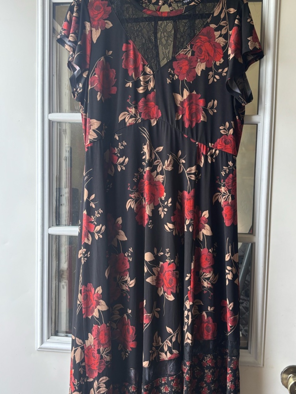 Torrid Black Lace Dress with Red and Tan Floral Accents